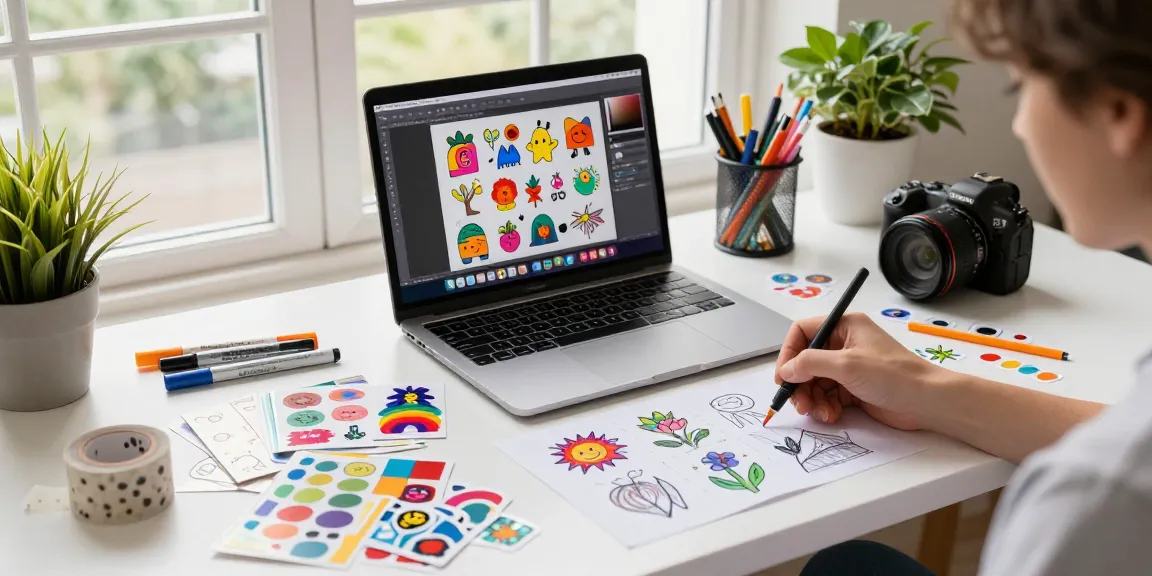 Designer creating custom stickers with colourful samples and bright workspace.