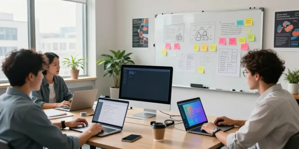 Team collaborating on ad ideas with AI advertising copy generator in a vibrant office.
