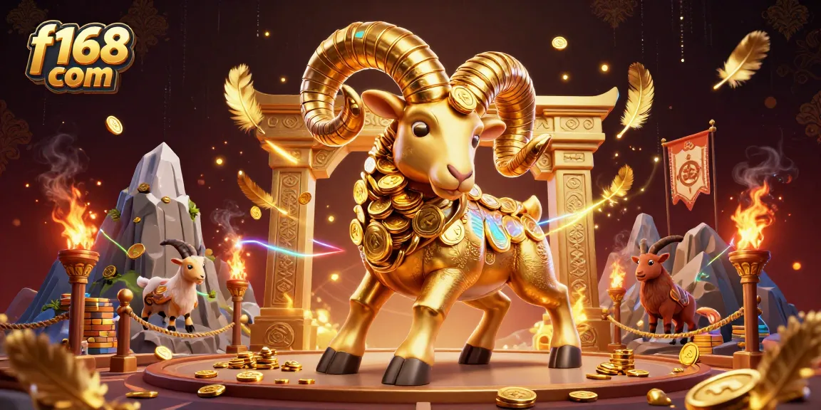 Experience thrilling action at f168 com with a massive golden ram charging through a vibrant casino scene.