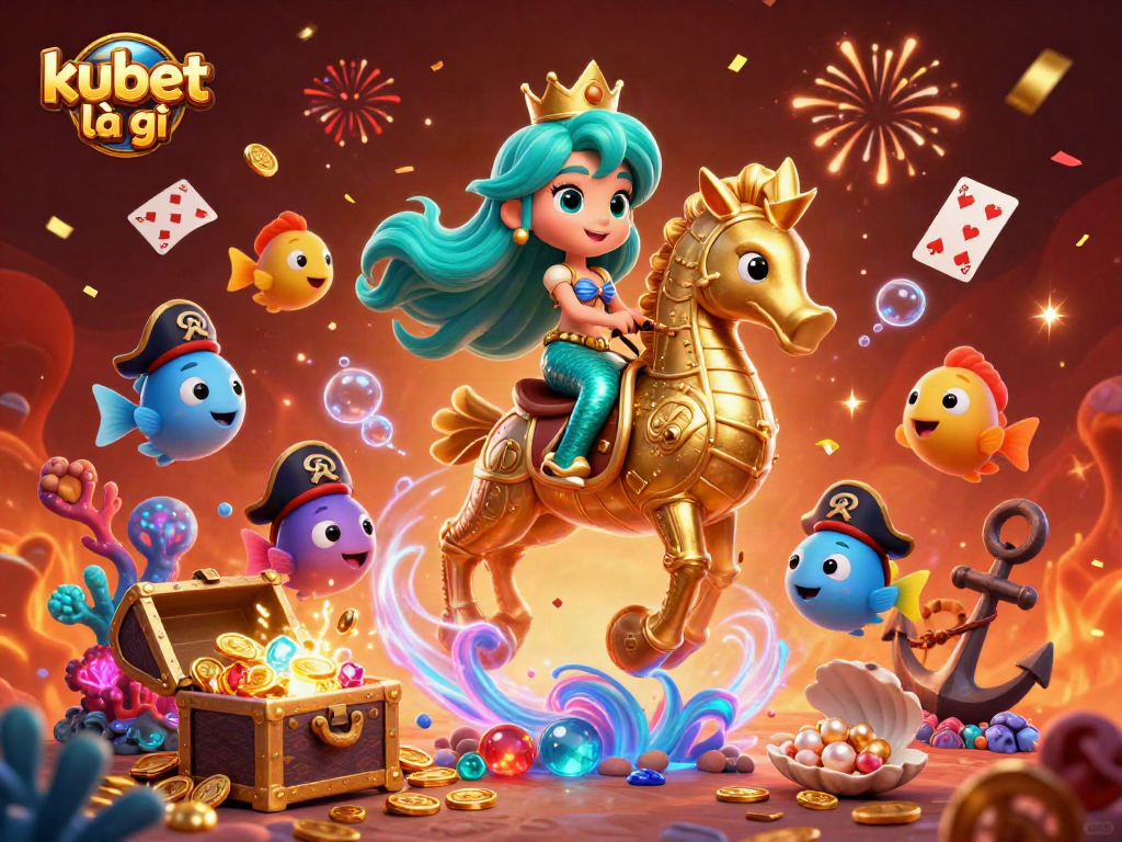 Engaging 3D scene showcasing kubet là gì, featuring a mermaid, seahorse, and colorful fish amidst vibrant casino elements.