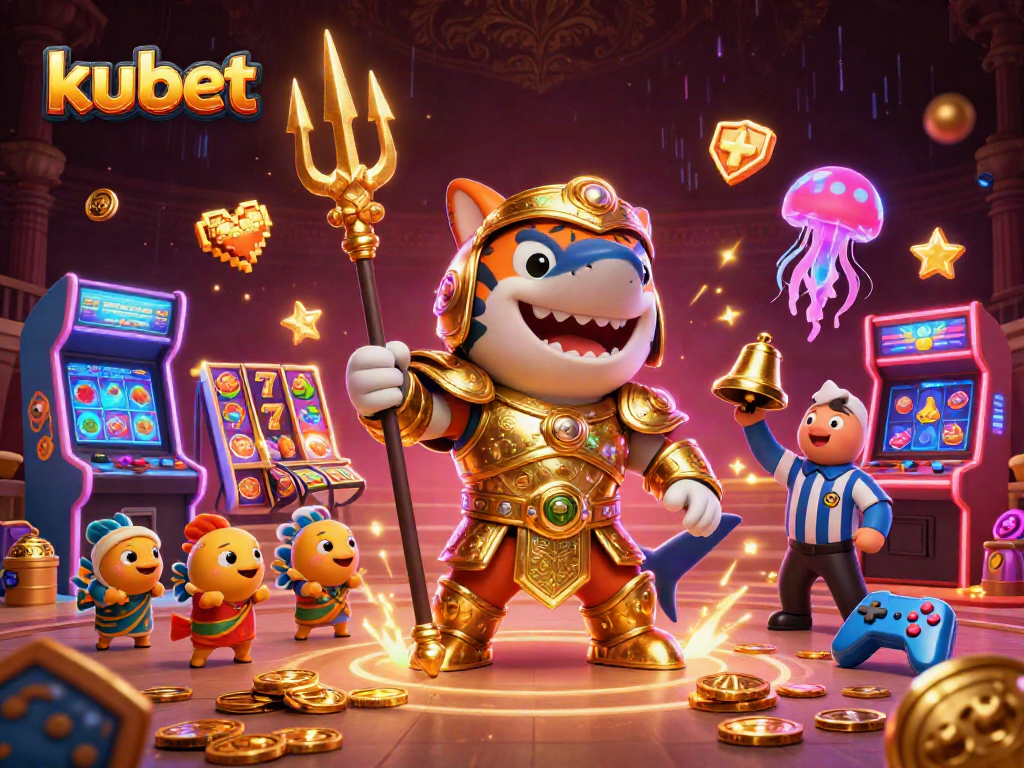 kubet showcases an underwater colosseum with a tiger shark in armor surrounded by vibrant slot reels.