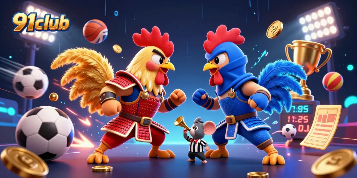 Engage with the 91club experience featuring a thrilling face-off between cartoon fighting roosters in an energetic casino scene.