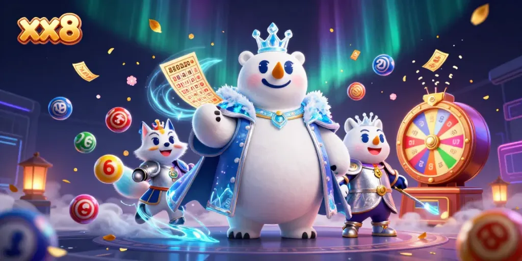 Engage in thrilling XX8 gaming with a vibrant scene featuring polar bear royalty, lottery elements, and jackpot excitement.