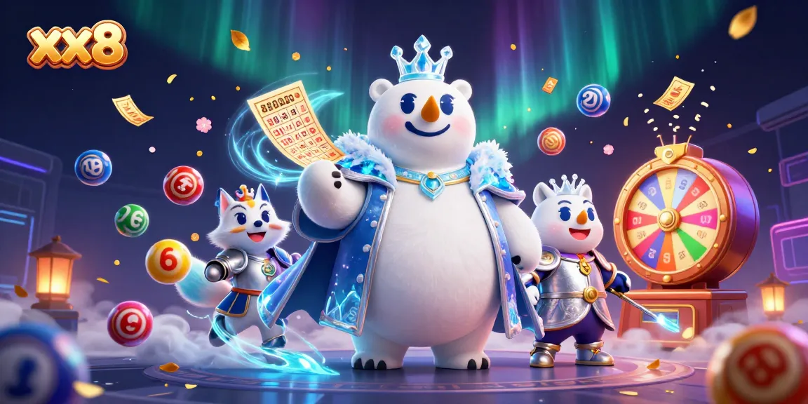 Engage in thrilling XX8 gaming with a vibrant scene featuring polar bear royalty, lottery elements, and jackpot excitement.