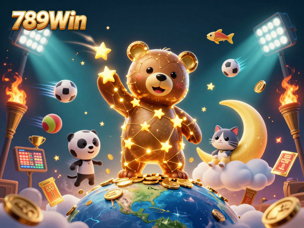 Engaging visual of 789Win showcasing constellation bear gathering coins amidst vibrant sports elements.