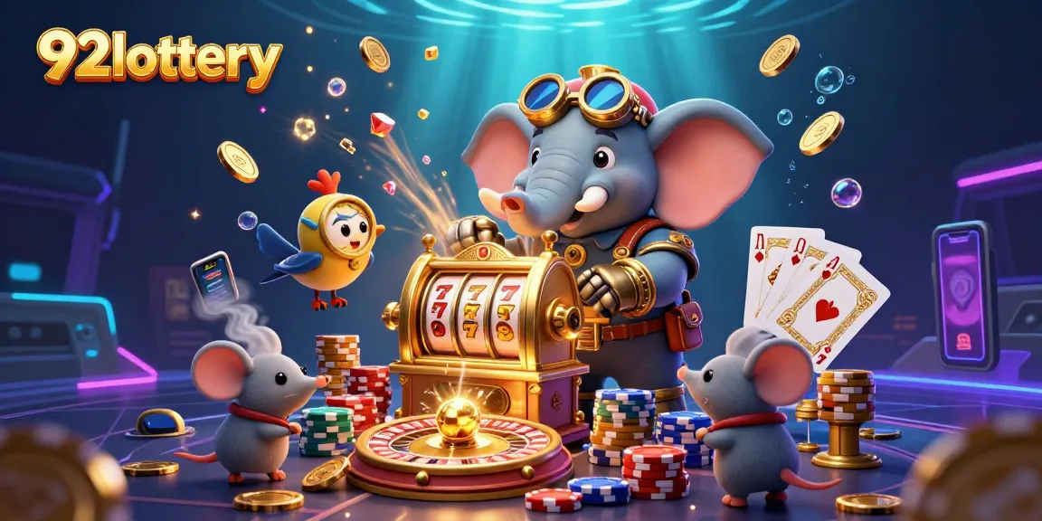 Spin the reels at 92lottery with colorful poker chips and jackpot actions from a steampunk engineer.