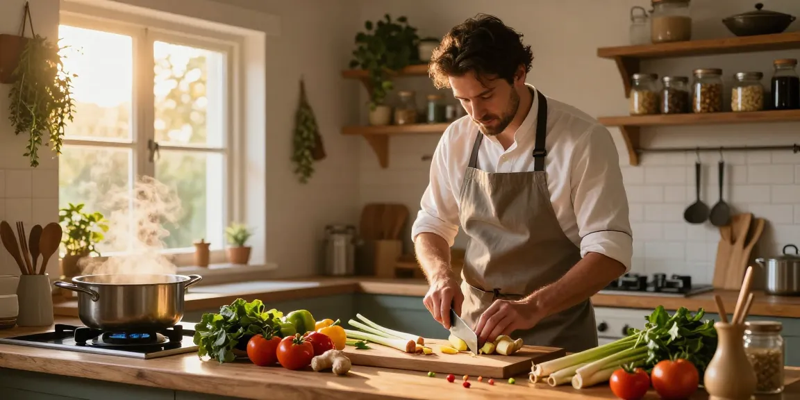 Cooking with fresh ingredients, the chef prepares a ginger dish, highlighting เว็บสล็อต แท้ 100 เปอร์เซ็นต์ in a warm kitchen.