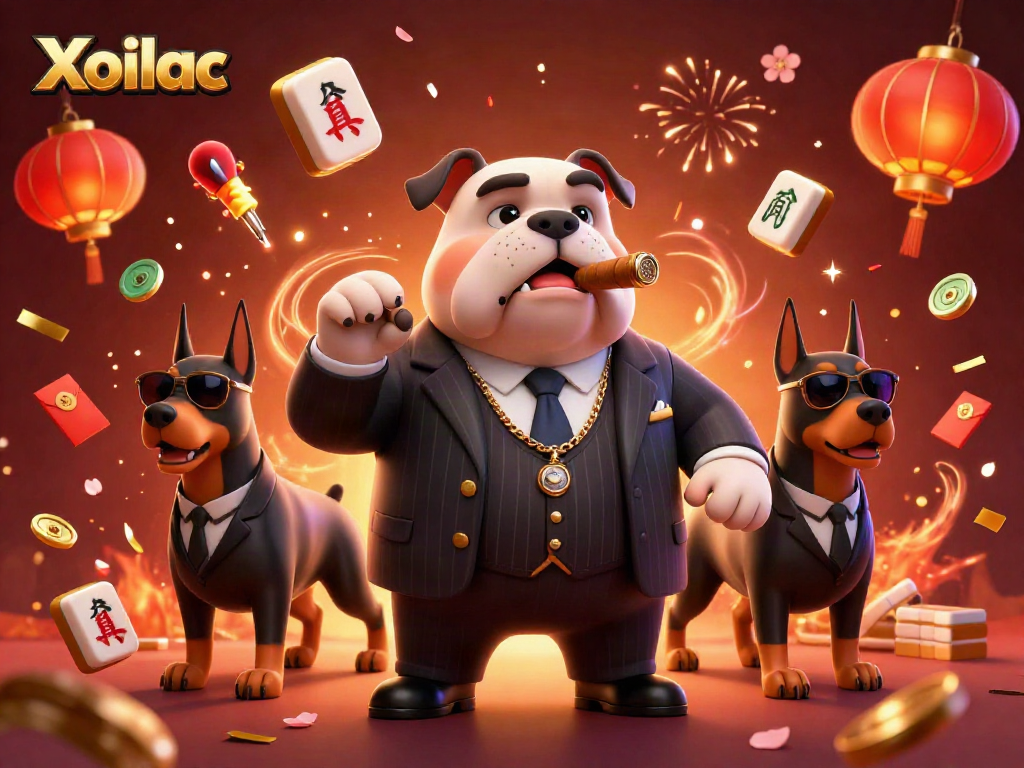 Xoilac live betting action featuring a bold bulldog and Dobermans in a vibrant casino scene.