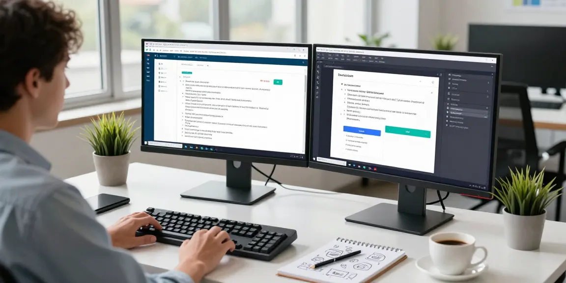 Professional workspace illustrating AI writing tools in use, featuring dual monitors with dynamic text generation interfaces and editing features.