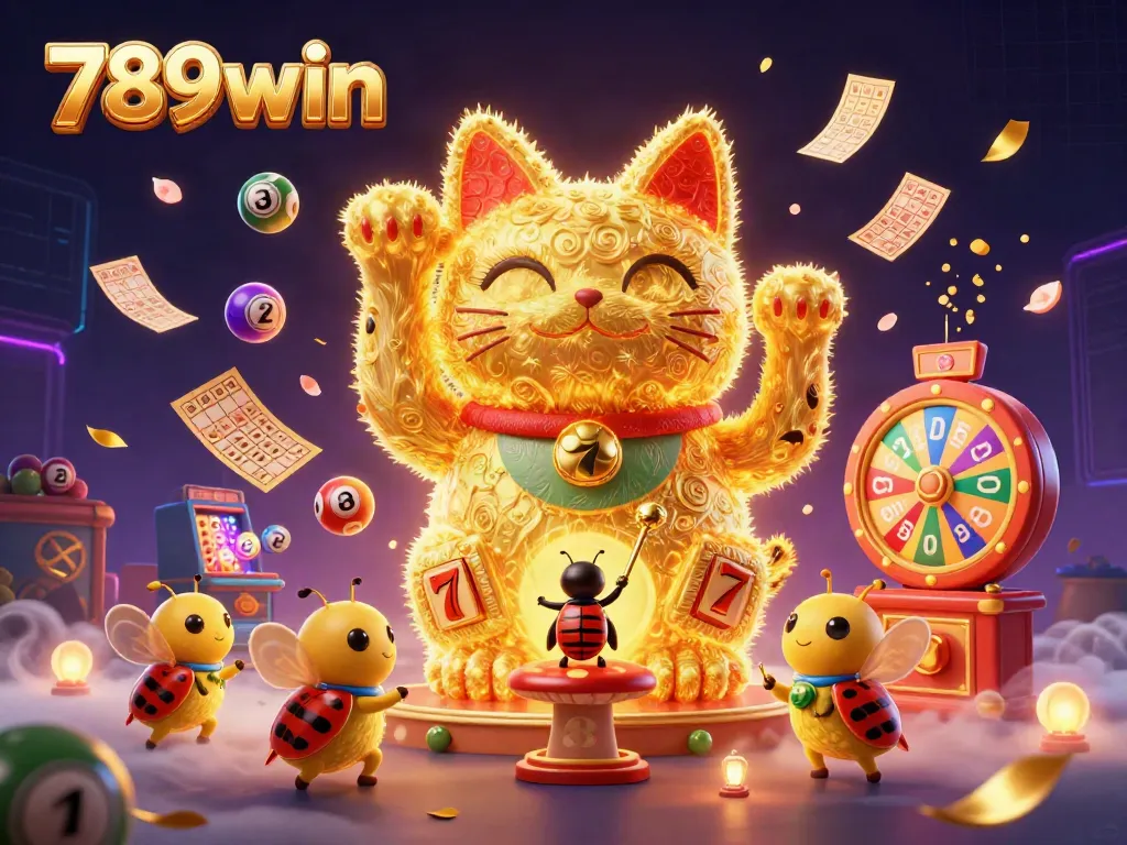Immerse in the exciting 789win scene featuring a lucky cat and dazzling casino symbols.