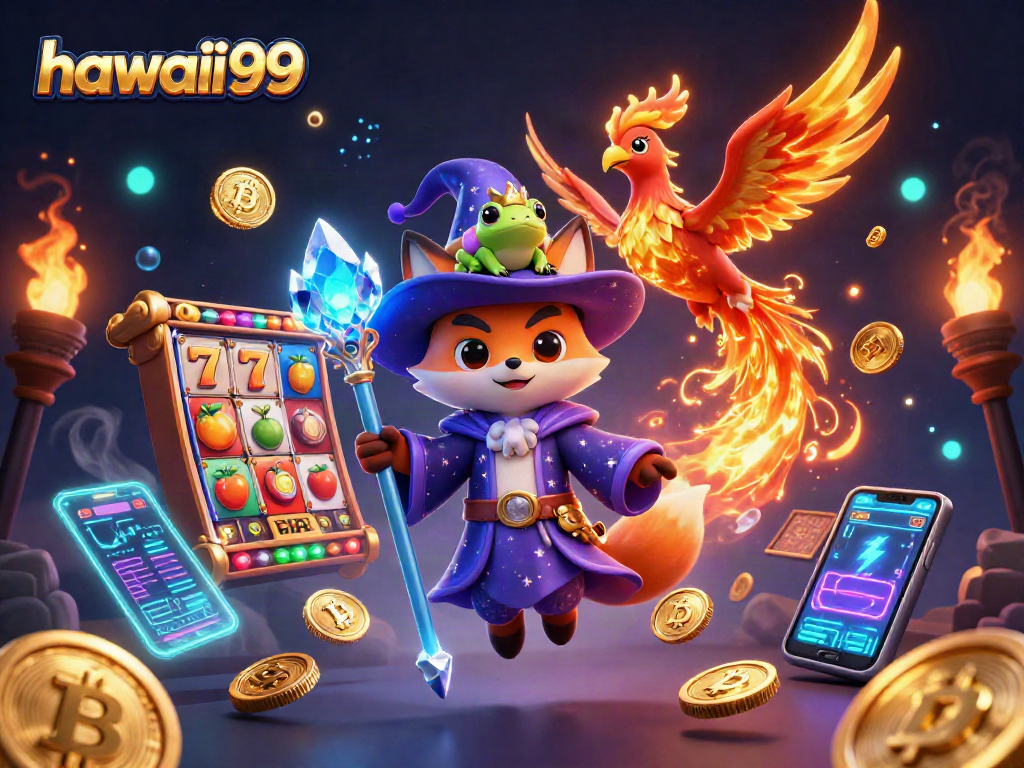Experience Hawaii99's magical casino world bursting with vibrant slots and crypto elements.