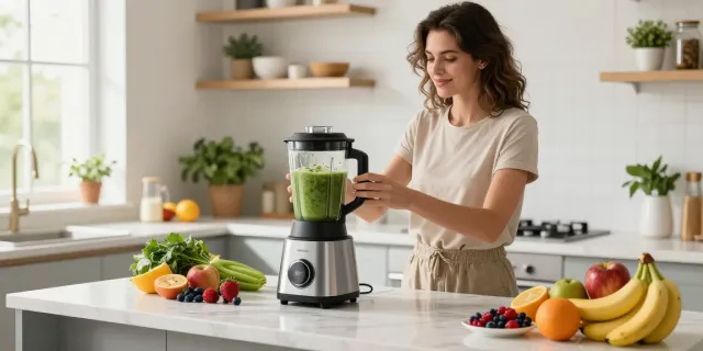 Woman blending fresh smoothie highlighting Blender price in bangladesh in modern kitchen.
