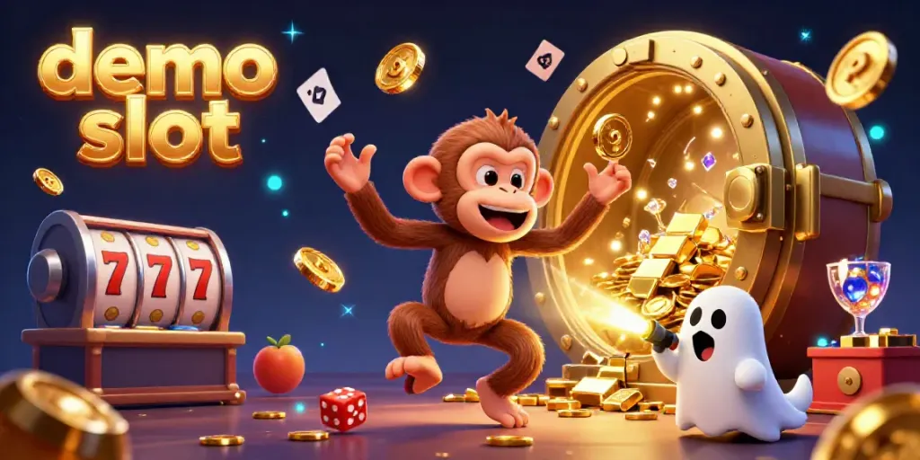 Demo slot permainan di kasino dengan karakter monyet poltergeist yang memegang koin dan anjing berburu hantu.