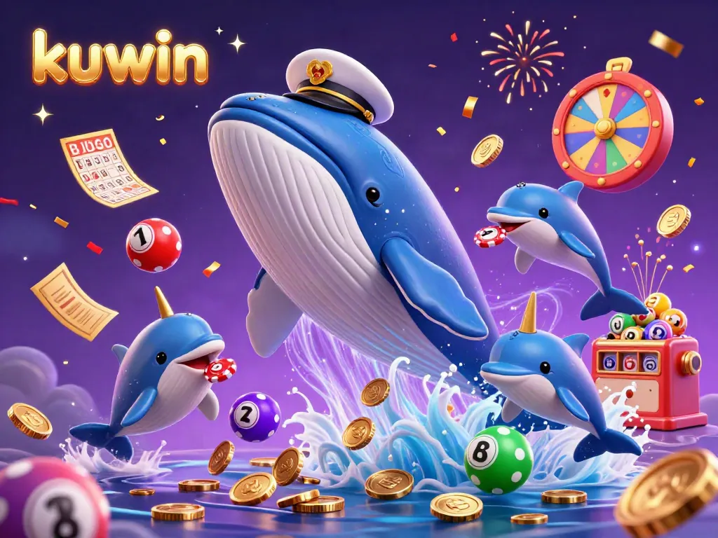 Kuwin whale breaches through coins in a vibrant casino scene with dolphins and lottery elements.