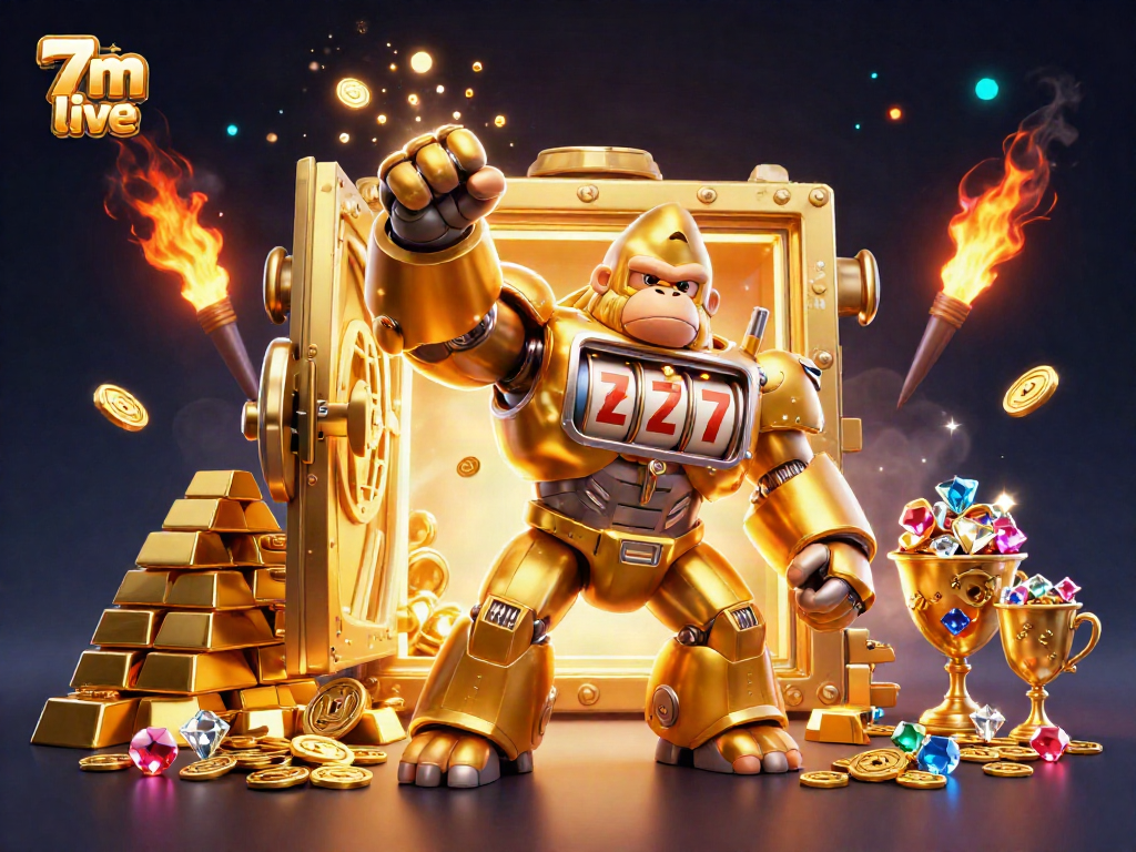 Experience thrilling 7m live action with a golden gorilla mech slot machine surrounded by treasure.