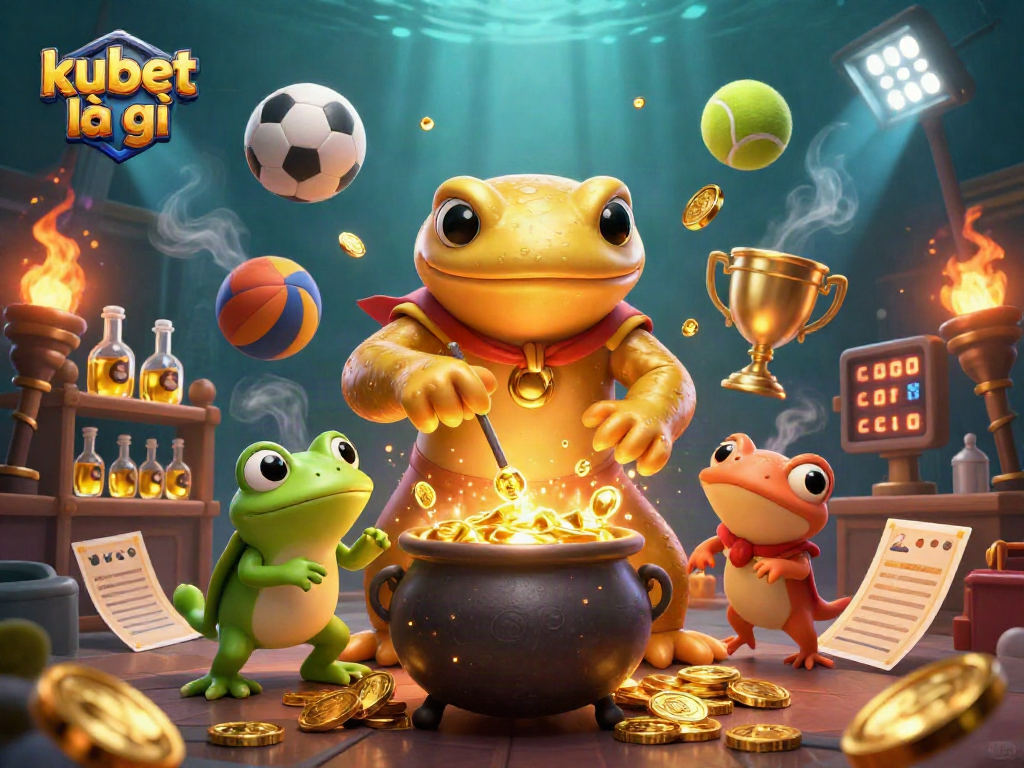 Visualize kubet là gì with a dynamic sports betting scene featuring a golden salamander alchemist and energetic elements.