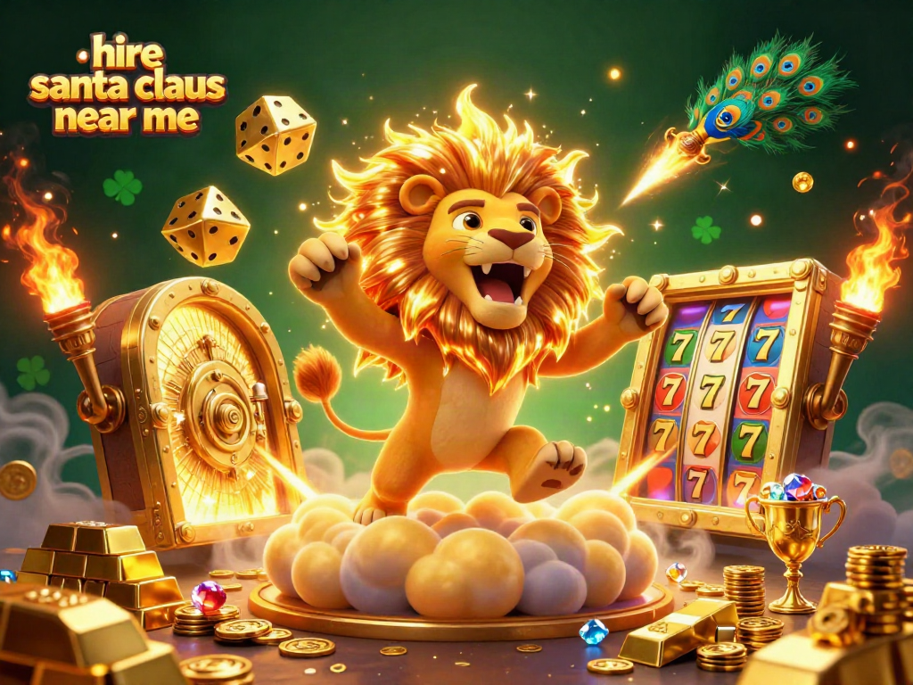 Engaging scene with lion and golden dice, showcasing the excitement of hiring Santa Claus with gambling action.