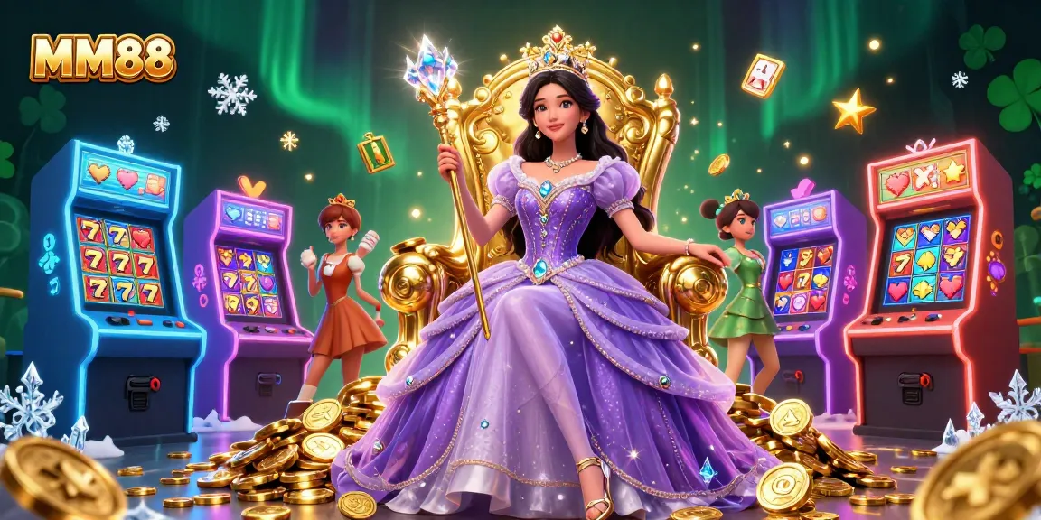 Experience the excitement of MM88 with vibrant slot games and a fairy-tale princess in a dazzling casino