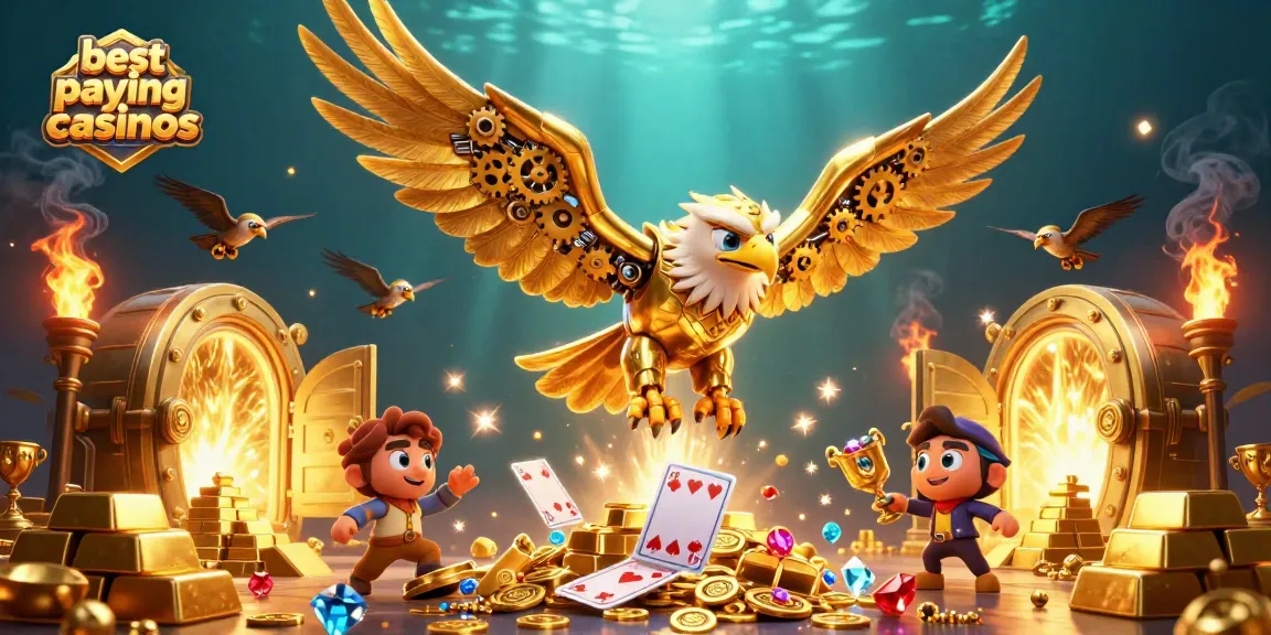Explore the best paying online casinos with a cinematic 3D scene featuring a golden eagle and treasures.