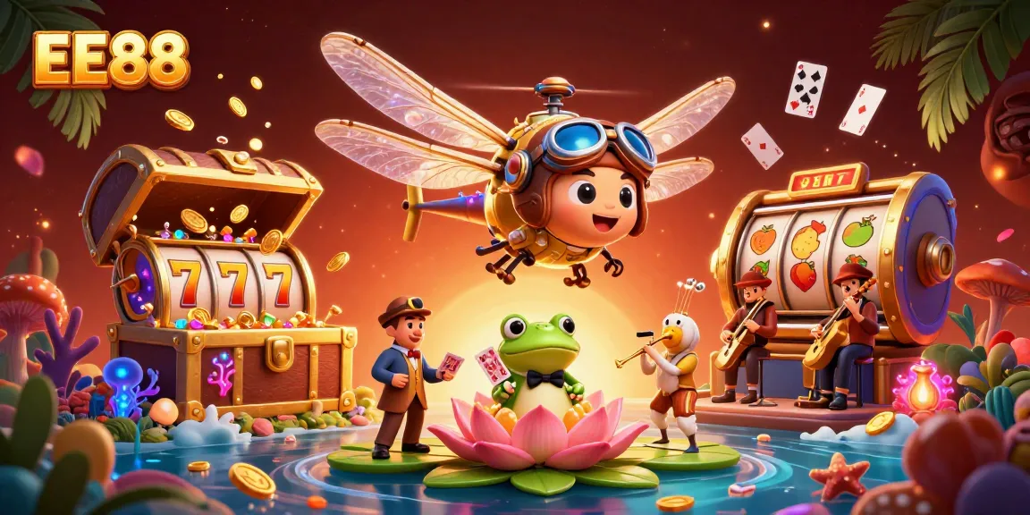 EE88 showcases a vibrant scene of a dragonfly pilot, frog croupier, and jazz musicians enriching casino excitement.