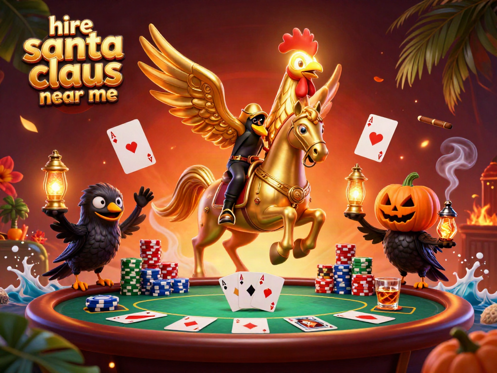 Hire Santa Claus near me in a vibrant 3D casino scene featuring poker elements and a golden rooster in a duel.