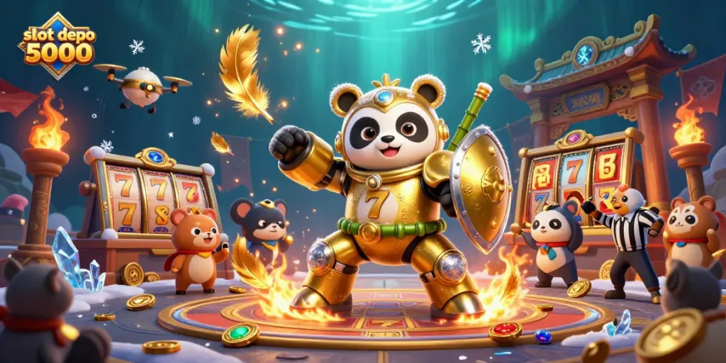 Engaging illustration of slot depo 5000 action, showcasing a mech-suit panda amidst vibrant slot game elements and cheering spectators.