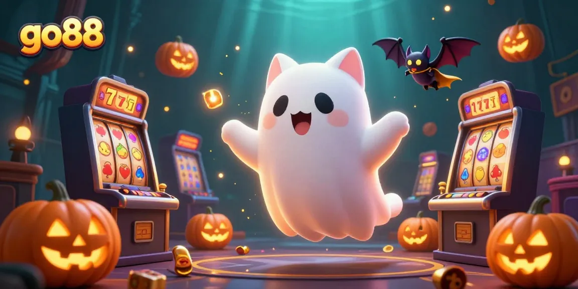 Experience thrilling gameplay with go88 as a friendly ghost cat floats in a vibrant haunted casino scene.