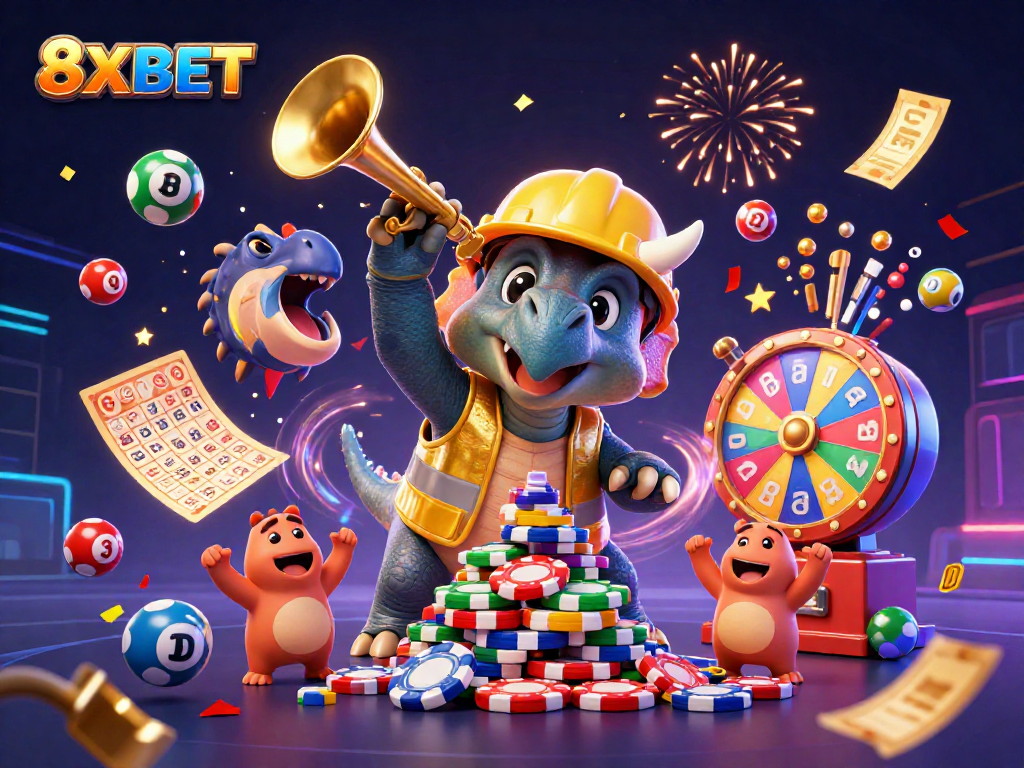 Experience the excitement of 8XBET with vibrant characters celebrating around lottery fun!