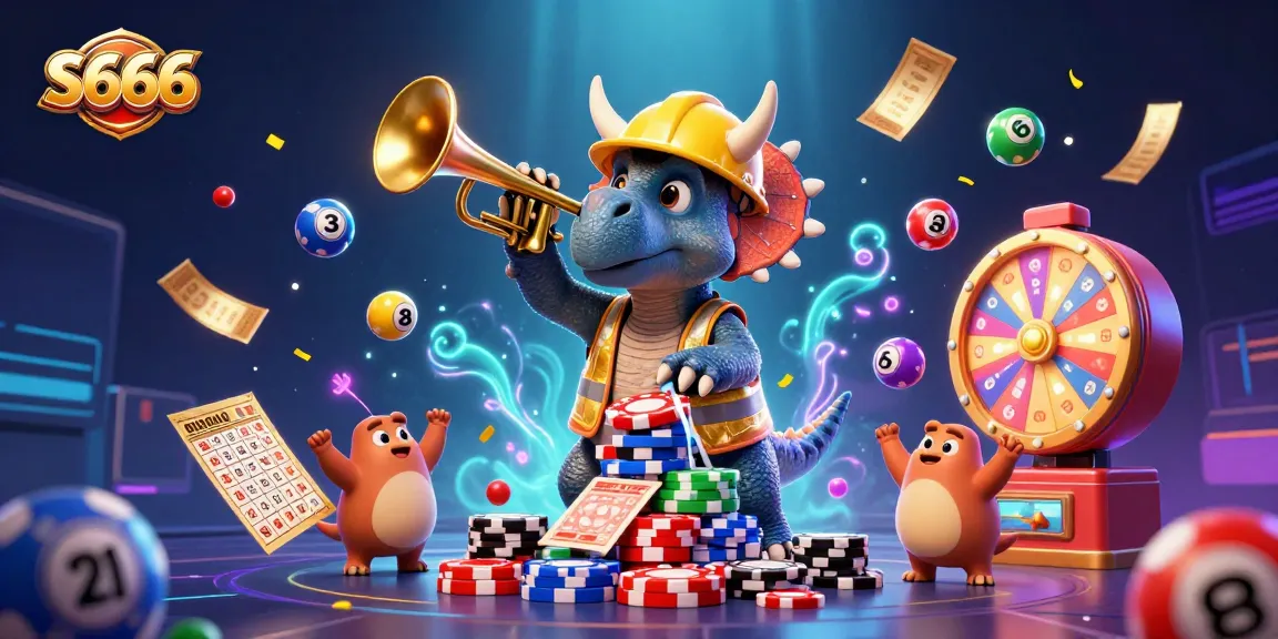 S666 supports players in a vibrant casino scene where a cartoon triceratops constructs a poker chip pyramid, showcasing thrilling games.