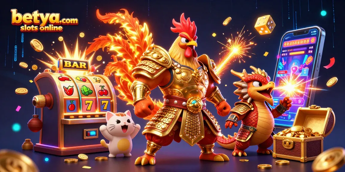 Engage with betya.com slots online through a vibrant scene showcasing a samurai rooster, dragon hatchling, and a treasure-filled slot machine.