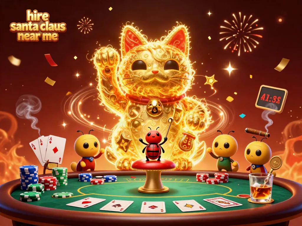 Hire Santa Claus near me, featuring a festive 3D lucky cat surrounded by poker elements.