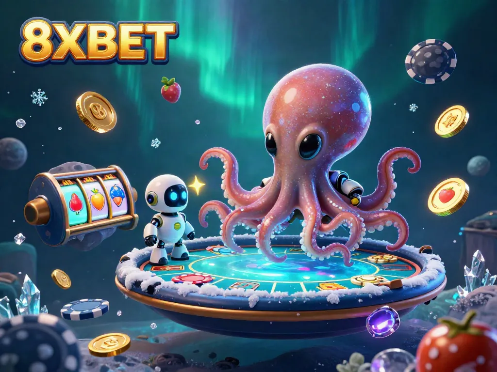 Join the action at 8XBET with an alien octopus mastering poker on a dynamic casino scene.