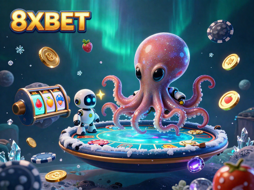 Join the action at 8XBET with an alien octopus mastering poker on a dynamic casino scene.