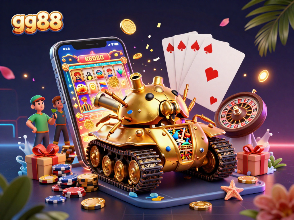 Win big with gg88 in this enchanting casino scene, featuring a golden beetle tank and vibrant gaming elements.
