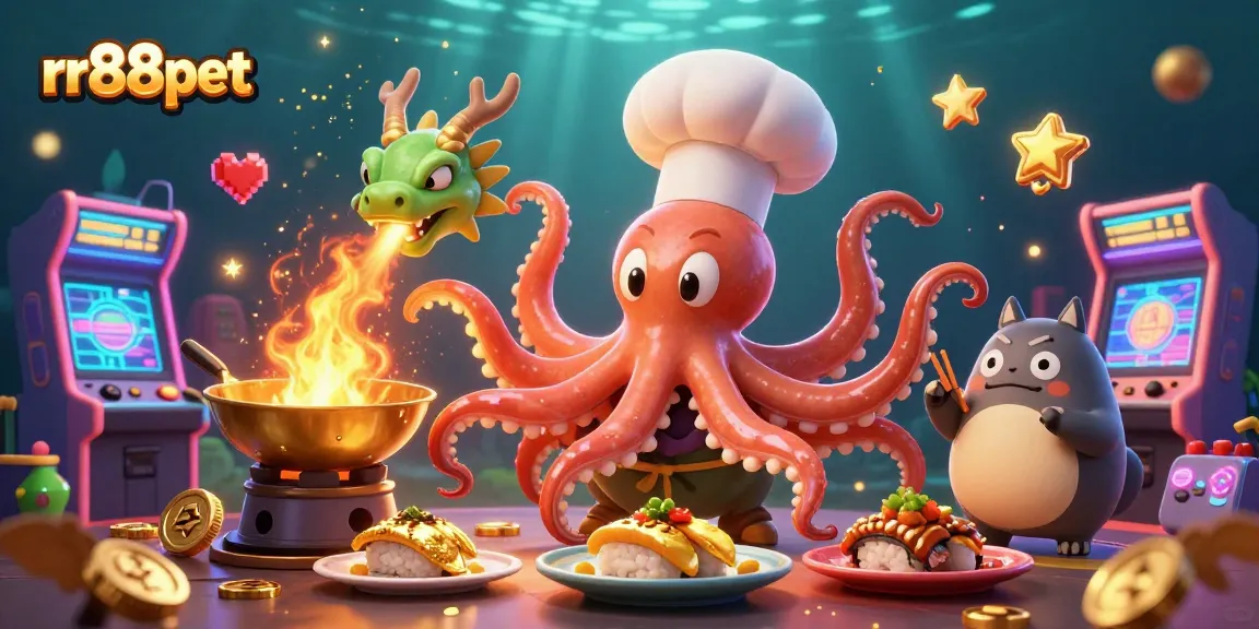 rr88pet casino illustration featuring a cartoon octopus chef preparing dishes with a dragon and tanuki, showcasing lively gaming elements.