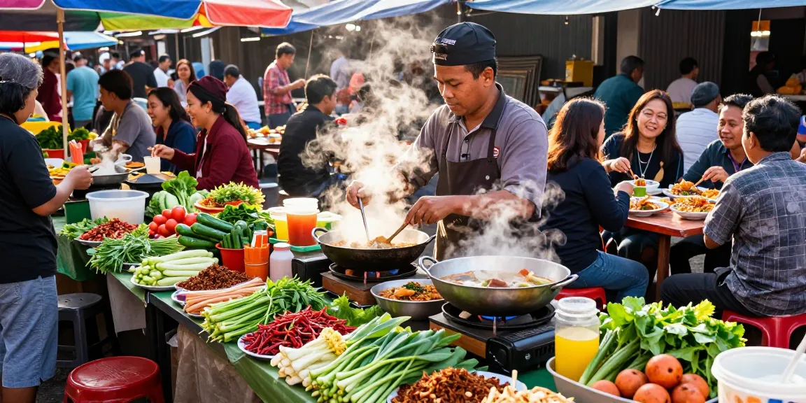 Warung225 menyajikan masakan tradisional Indonesia di pasar terbuka yang ramai.
