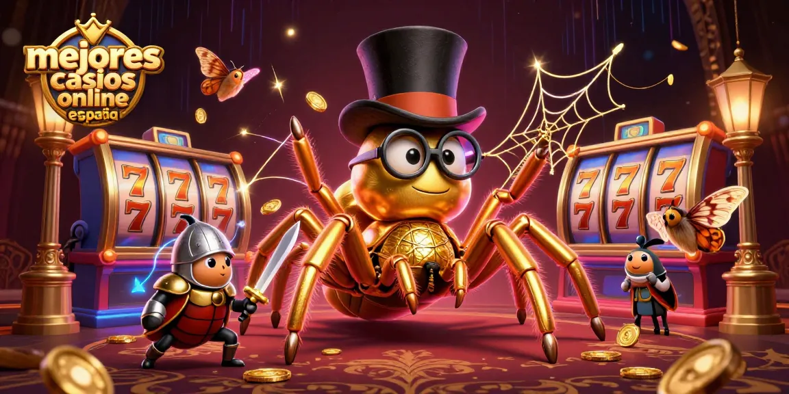 Las mejores casinos online España con una araña dorada y un valiente escarabajo en un entorno vibrante.
