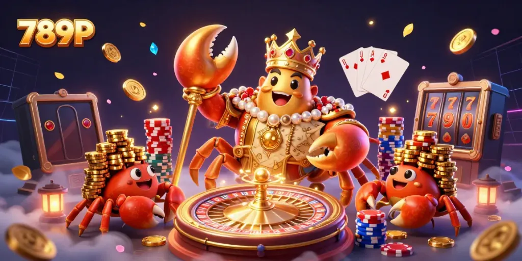Experience thrilling gaming opportunities with 789P, featuring a vibrant scene of the golden crab emperor and dynamic casino elements.