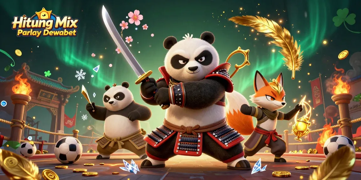 Hitung Mix Parlay Dewabet showcases a fierce samurai panda, ninja fox, and spirit tanuki in an energetic sports betting arena.