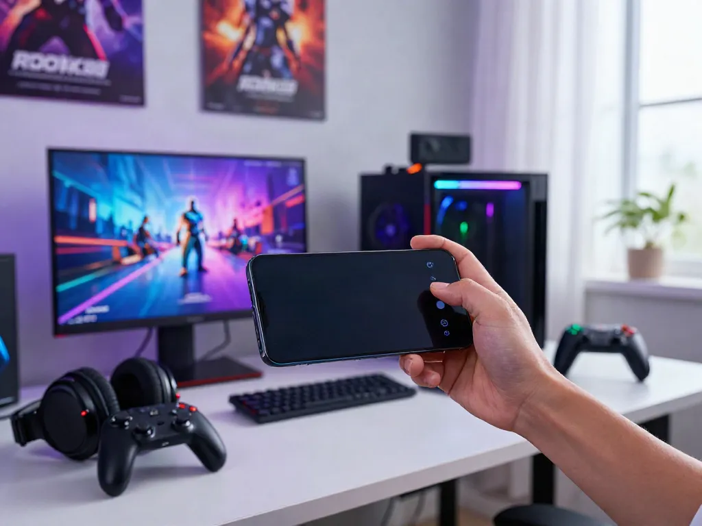 Engaging gaming scene showcasing the ROKOK88 app on a smartphone in a modern gaming setup.