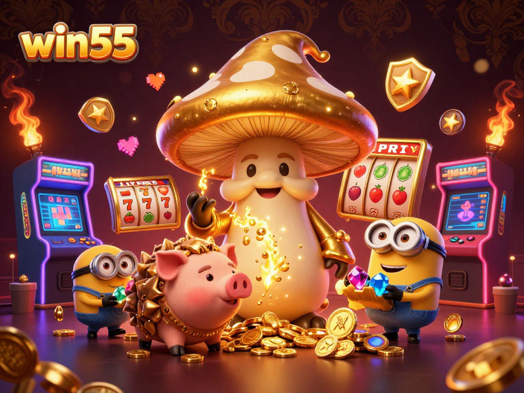 Win55 captures the magic of casino gaming with a golden wizard, treasure, and dynamic slot elements.