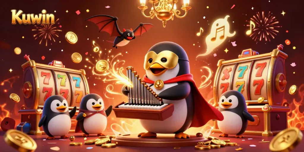 Kuwin penguin character playing an organ with coins and slot elements, showcasing a lively casino scene.