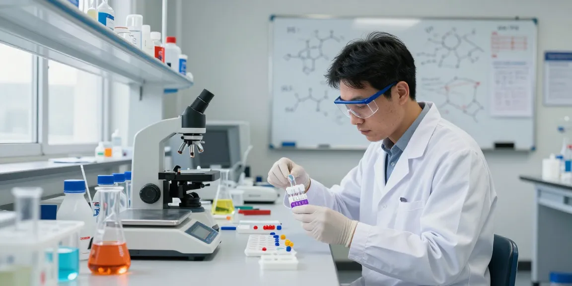 Researcher examining multi-vial peptide kits in a modern laboratory setup, showcasing scientific equipment and a clean workspace.