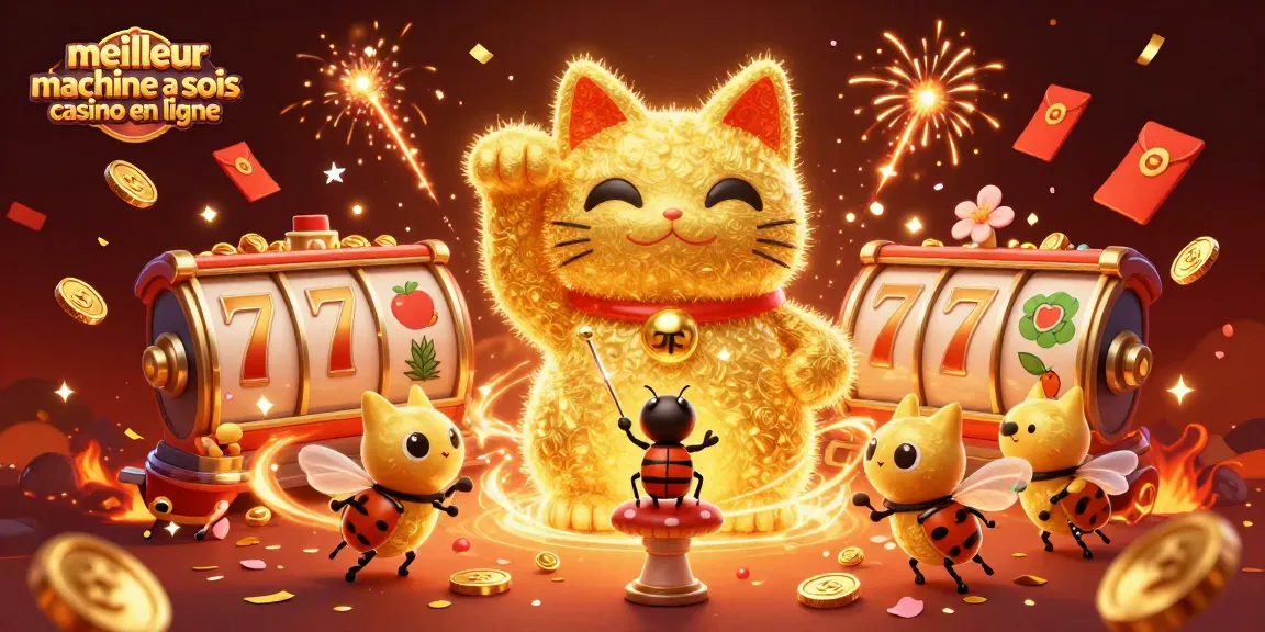 Jouez aux meilleures machines à sous en ligne avec un chat chanceux, des feux d'artifice et des symboles dorés.