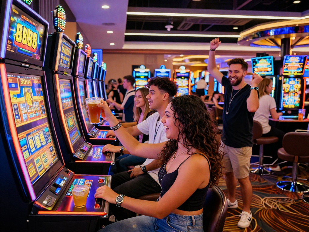 Friends enjoying lively slot88 gaming experience in a vibrant casino.