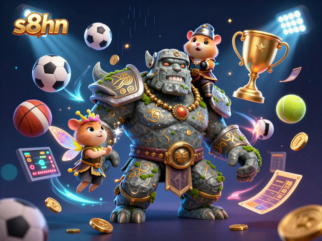 S8HN showcases an enchanting scene with a stone golem and hamster knight, offering a vibrant experience for gamblers.