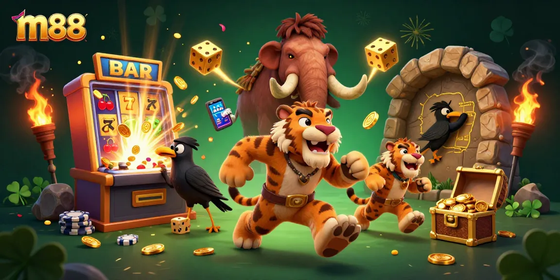 Experience m88's thrilling gaming atmosphere with caveman characters and a dynamic casino scene.