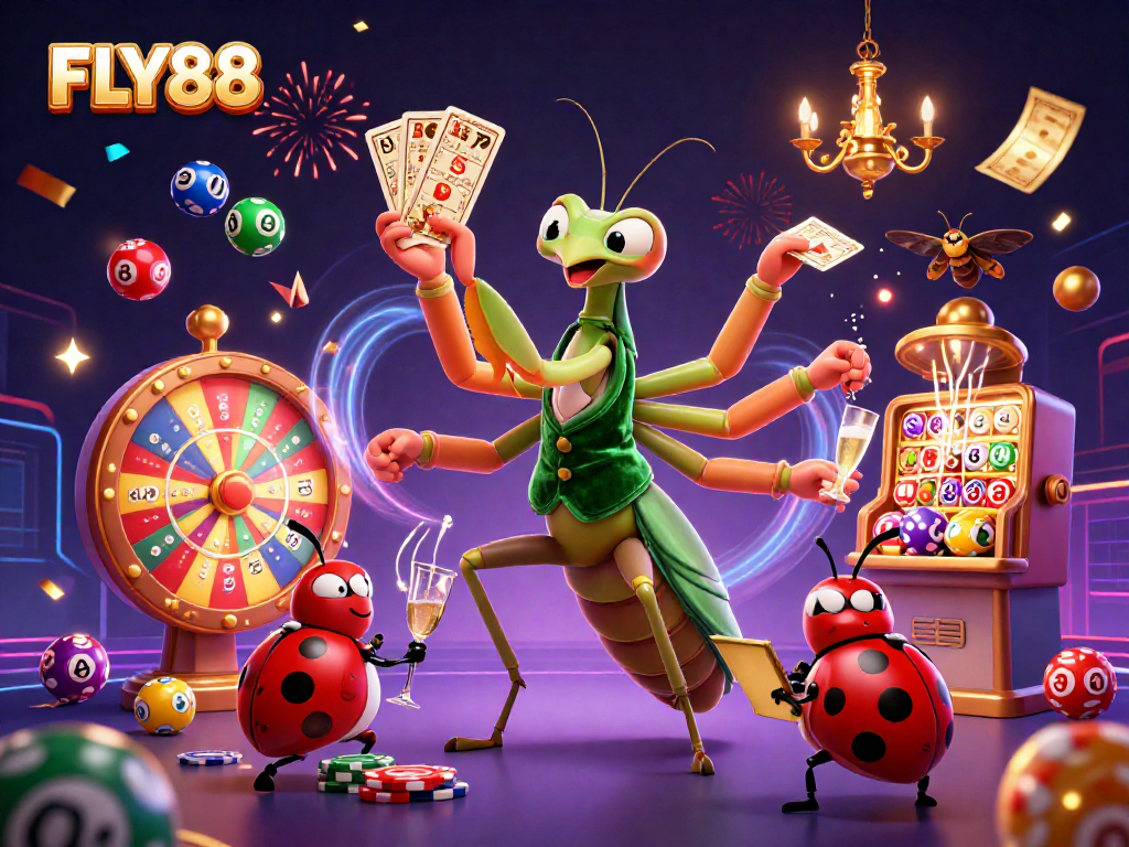 FLY88 features a giant praying mantis card sharp and a ladybug pit boss celebrating casino wins.