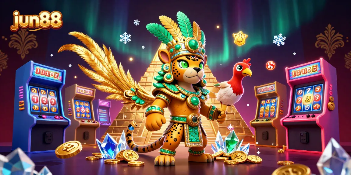 Win big at jun88 with our vibrant casino scene featuring a Mayan jaguar priest and quetzal bird amidst exciting game elements.