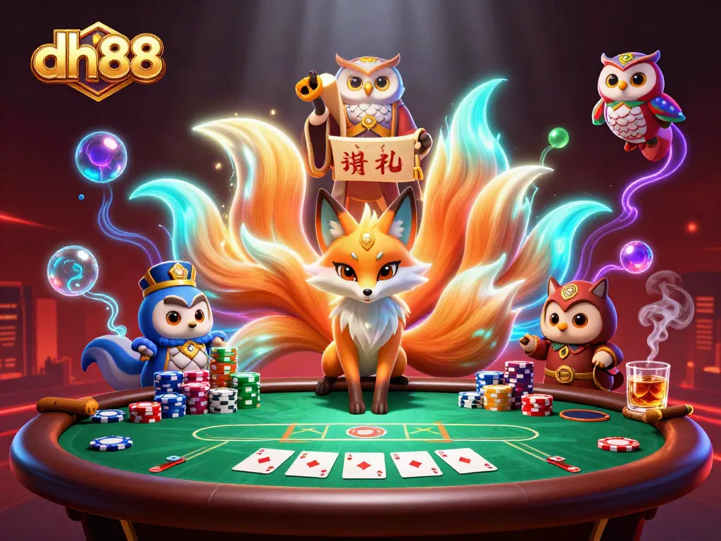 Engage in exhilarating gambling adventures with dh88, featuring a colorful fox spirit, wise owl sage, and dynamic poker scene.